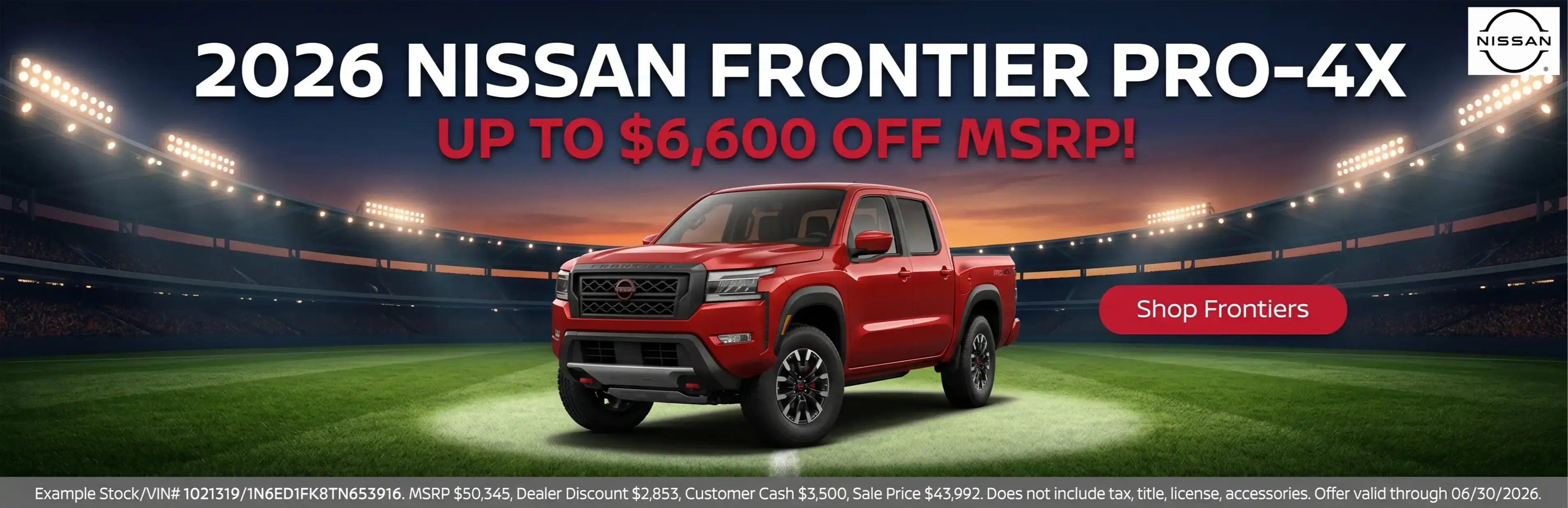 2026 Nissan Frontier Pro-4X up to 6,600 dollars off manufacturer suggested retail price